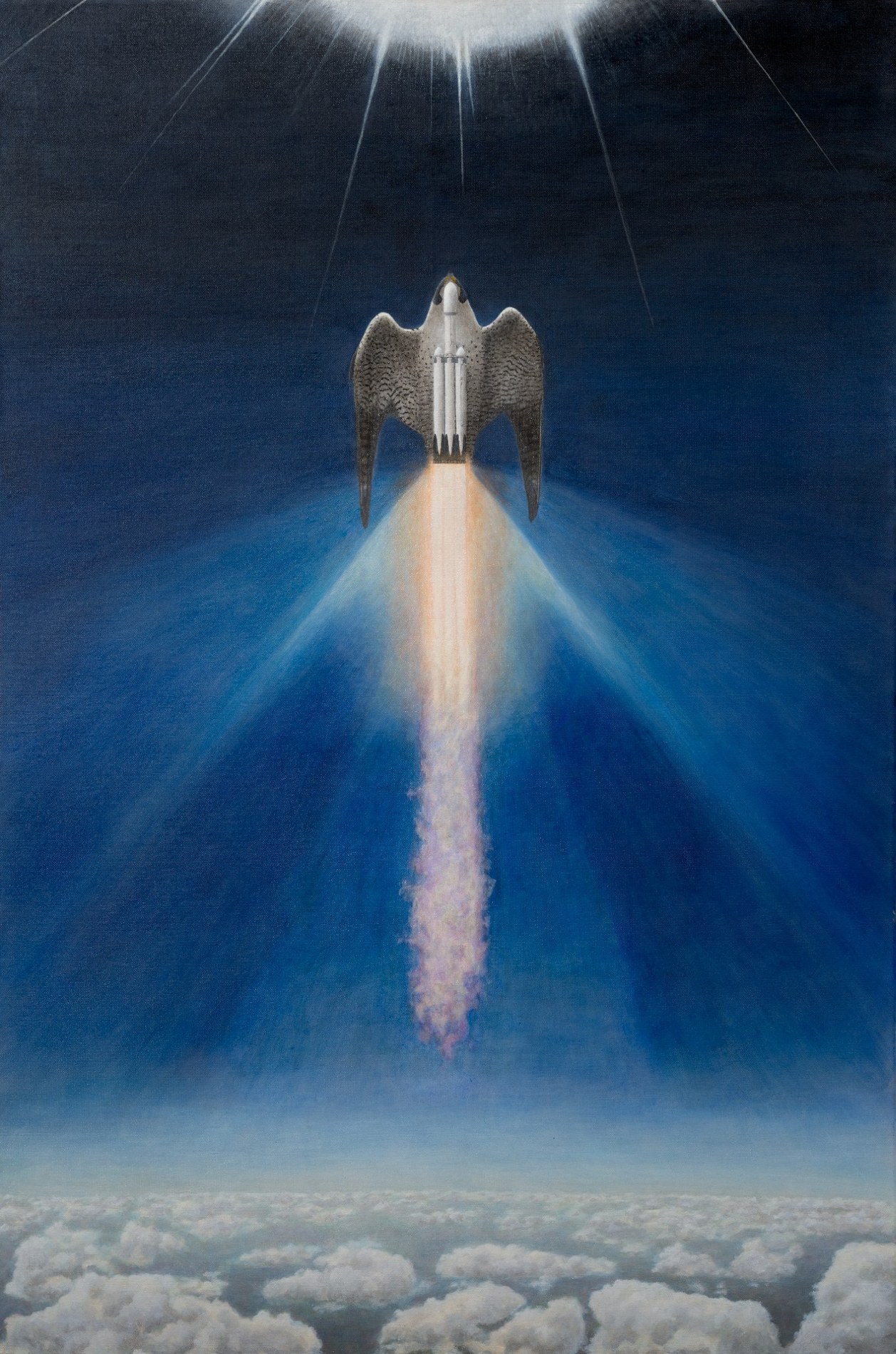 Max-Q — original painting of a spacecraft ascending toward bright light above Earth