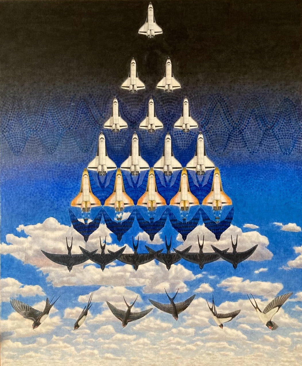 Orbiters original artwork featuring a formation of spacecraft and birds